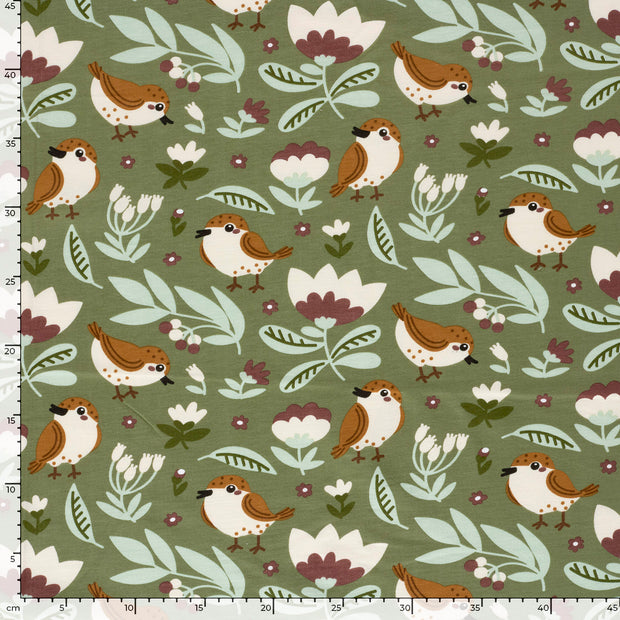 French Terry tissu oiseaux Menthe foncée