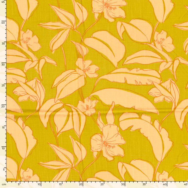 Viscose Lin Chaine et Trame tissu fleurs Vert Citron
