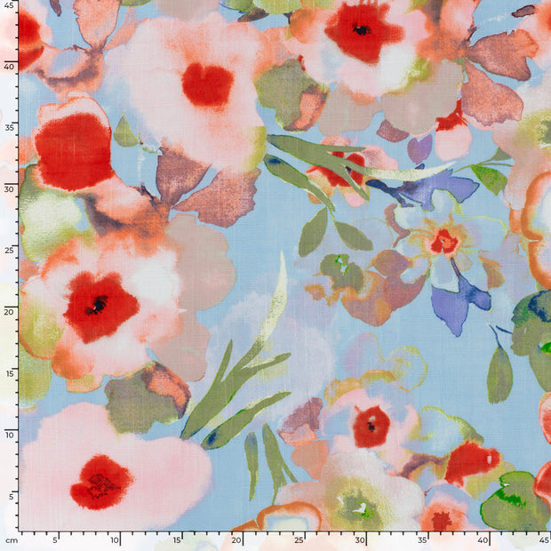Woven Cotton Viscose fabric Flowers Light Blue