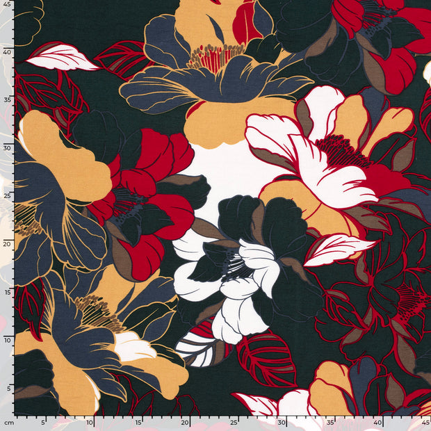 Viscose Nylon Crepe tela Flores Verde oscuro