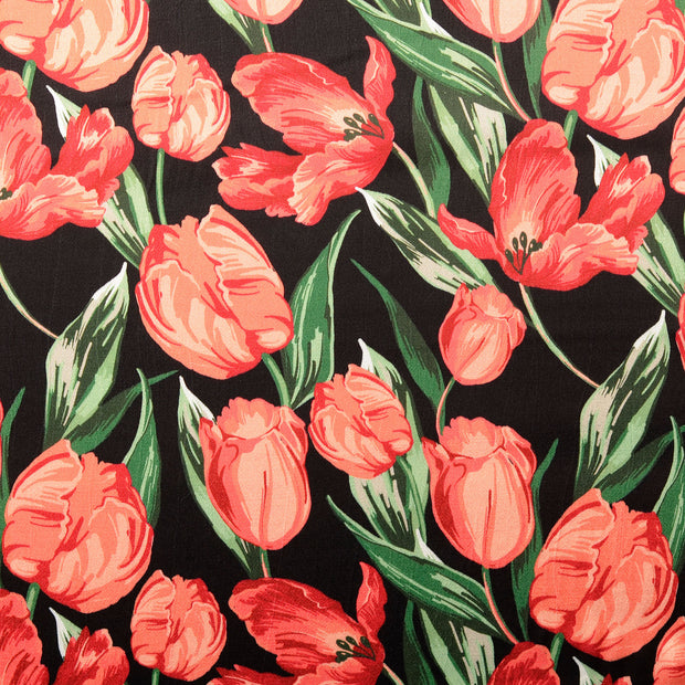 Viscose Satijn stof Bloemen Rood