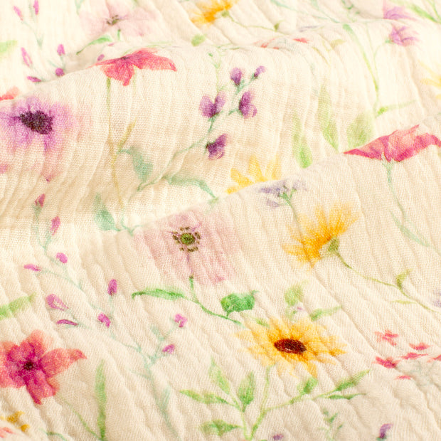 Double gaze Bio Naturel tissu fleurs Blanc cassé