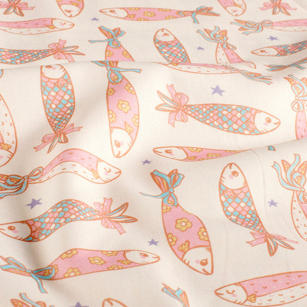Popeline de Coton tissu poissons Blanc cassé