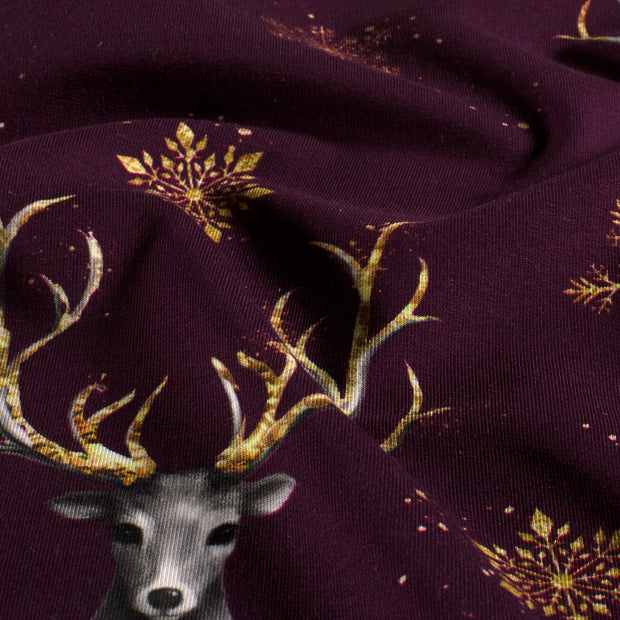French Terry fabric Deer Wine red