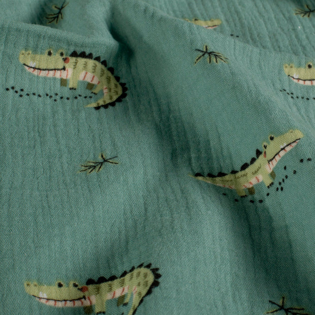 Mousseline stof Krokodillen Indigo
