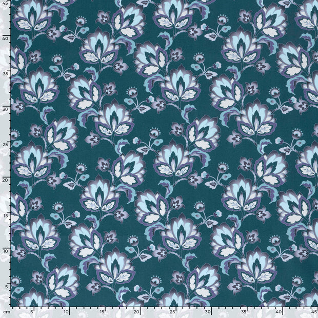 Katoen Poplin stof Bloemen Staalblauw