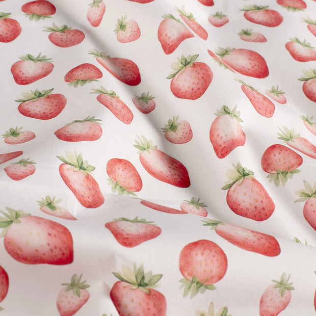 Algodón Popelina tela Fresas Blanco