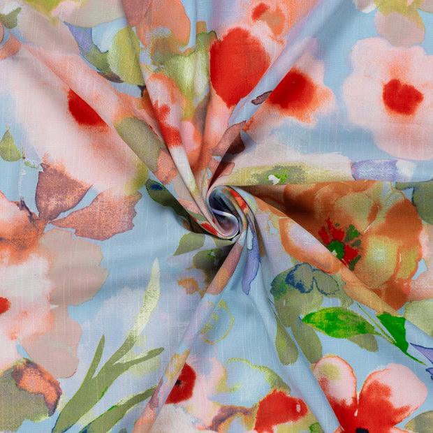 Woven Cotton Viscose fabric Light Blue slub printed 