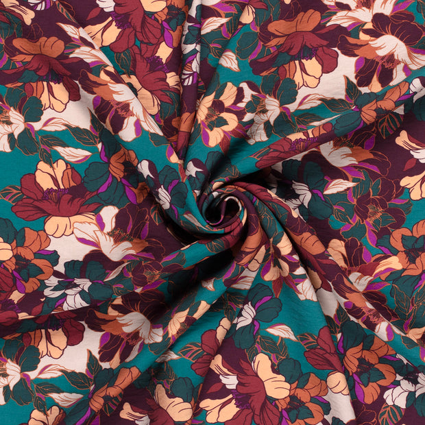 Viscose Nylon Crepe stof Petrol bedrukt 