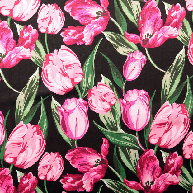 Viscose Satin fabric Flowers Pink