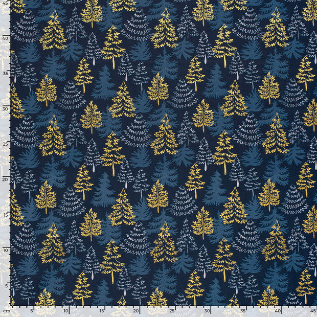Cotton Poplin fabric Christmas trees Navy