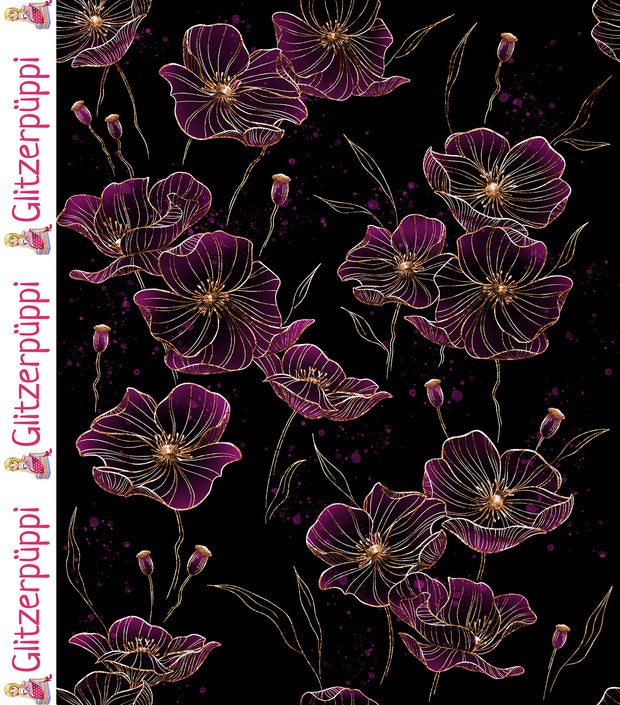 French Terry fabrik Blumen Schwarz
