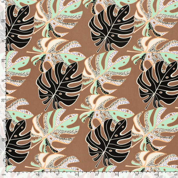 Woven Viscose Linen fabric Leaves Taupe Grey