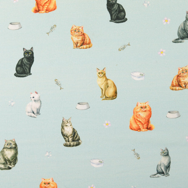 Cretonne fabric Cats Turquoise