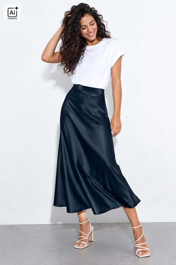 Satin fabrik Uni Marine