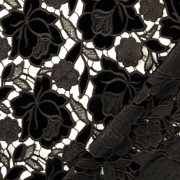 Lace fabric Black flocked 