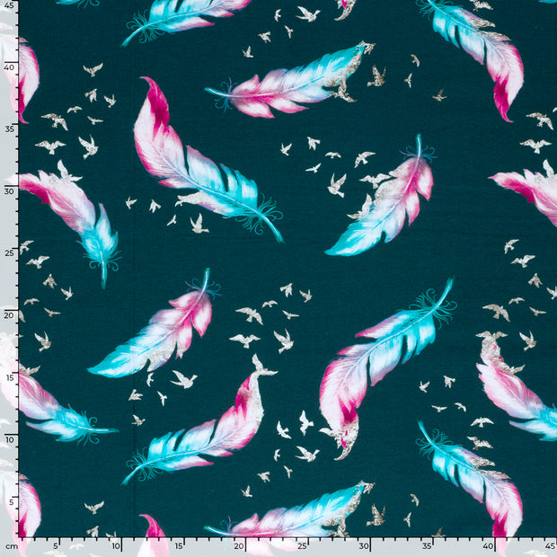 Jersey tissu Plumes Bleu Canard