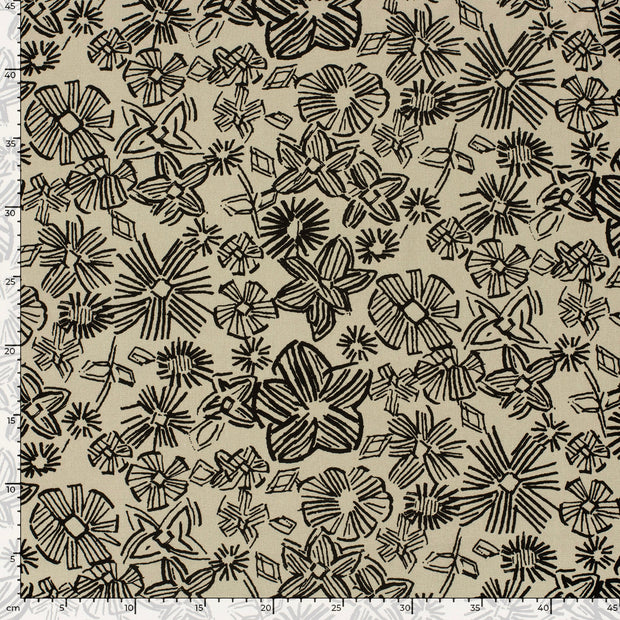 Viscose Lin Chaine et Trame tissu fleurs Beige