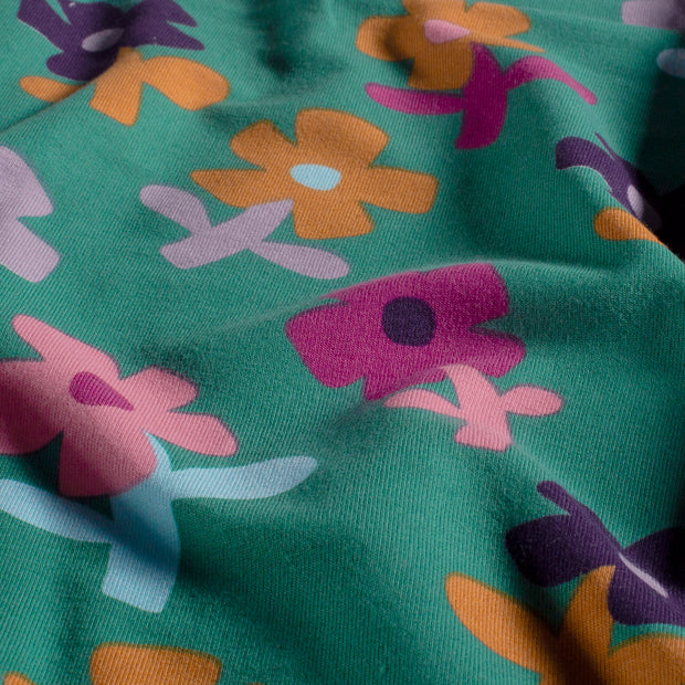 French Terry fabric Flowers Petrol