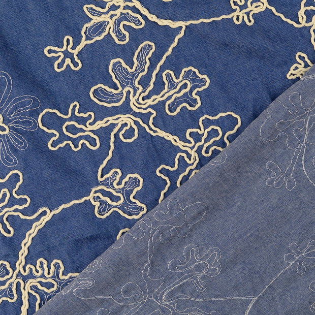 Popeline de Coton tissu Indigo brodé 