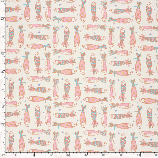 Popeline de Coton tissu poissons Blanc cassé