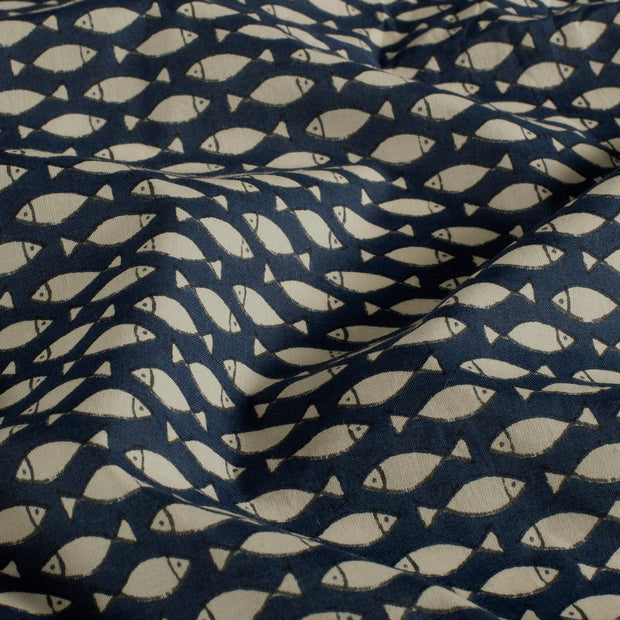 Voile fabric Fish Indigo
