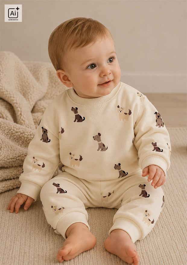 French Terry fabric Dogs Off White