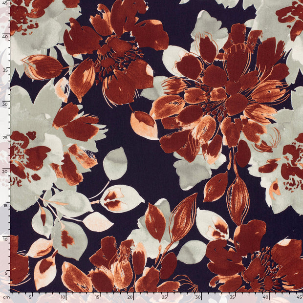 Viscose Satin fabric Flowers Navy