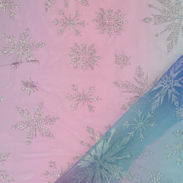 Malla tela Copos de nieve estampado con brillantina 