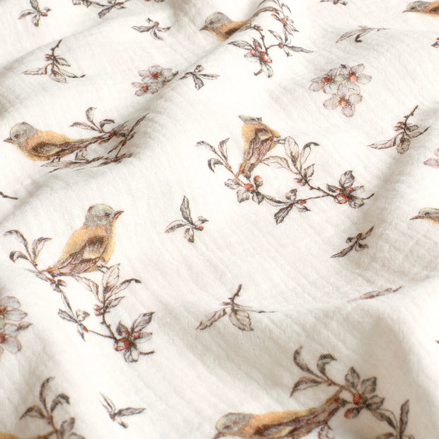 Muslin fabric Birds Off White
