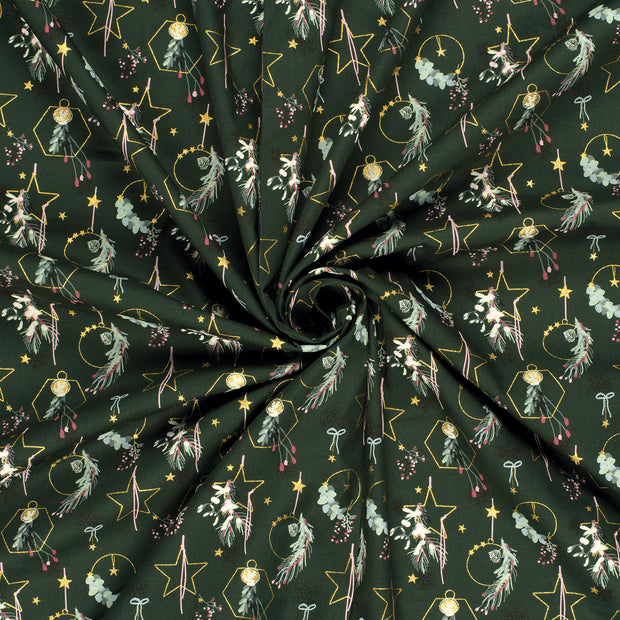 Cotton Poplin fabric Dark Green printed and foil 