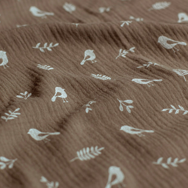 Muslin fabric Birds Brown Taupe
