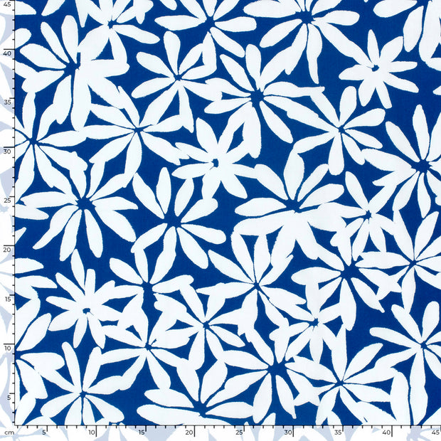 Cotton Satin fabric Flowers Cobalt