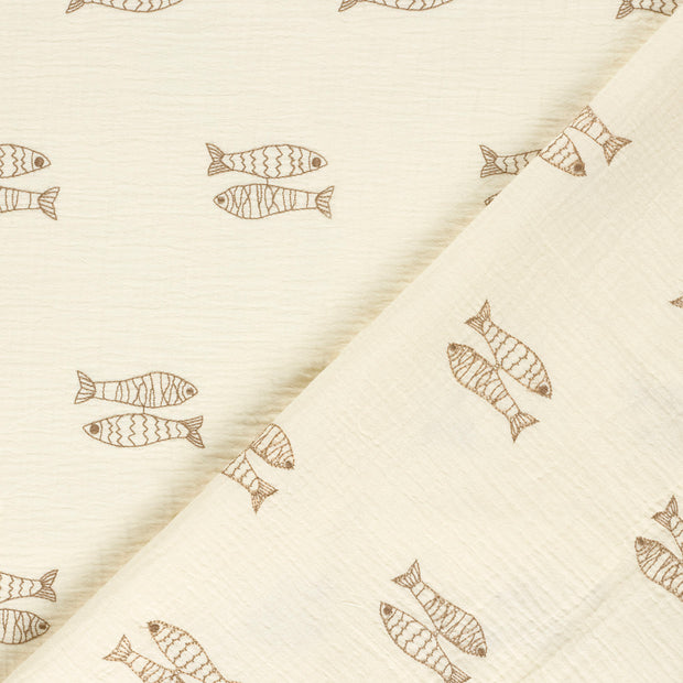 Muslin fabric Fish embroidered 