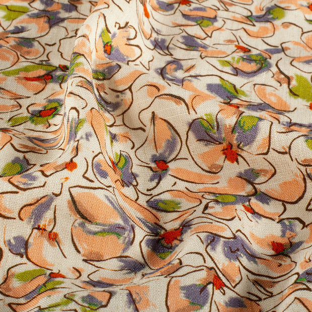 Woven Viscose Linen fabric Flowers Salmon