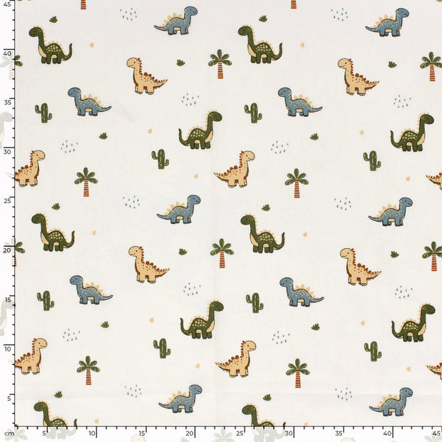 Popeline de Coton tissu dinosaures Blanc cassé