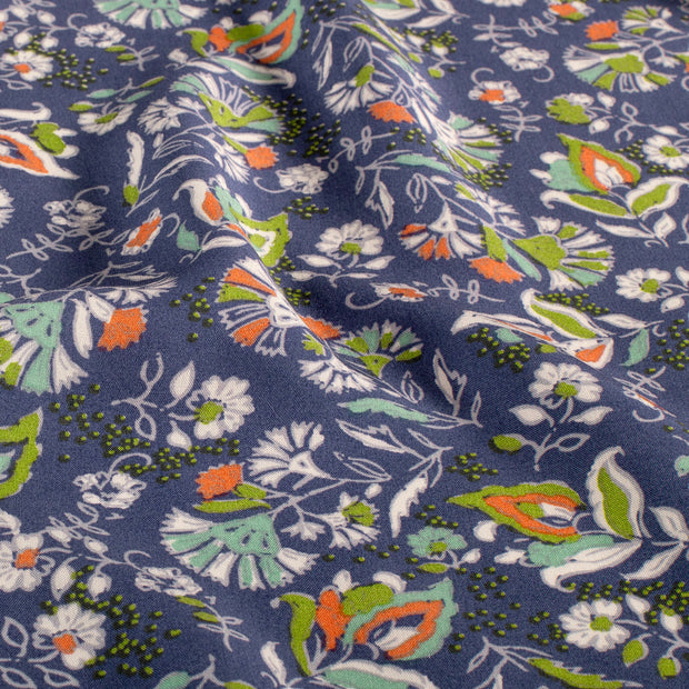 Popeline de Viscose tissu fleurs Cobalt