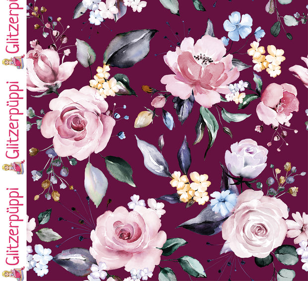 Jersey fabric Roses Wine red