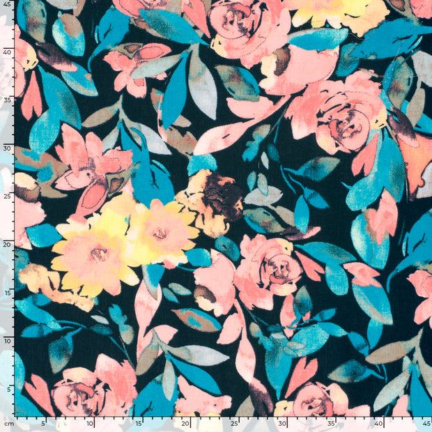 Aspect Lin tissu fleurs Bleu Marine