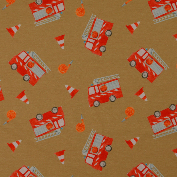 Jersey fabric Firetrucks Beige