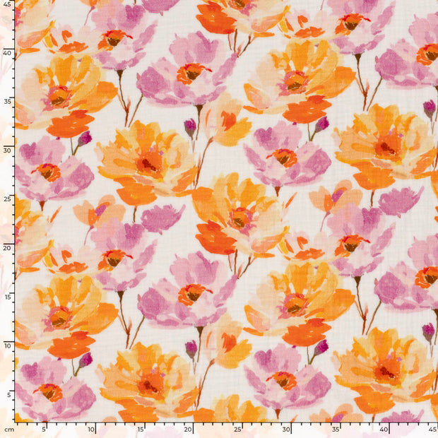 Double gaze tissu fleurs Blanc
