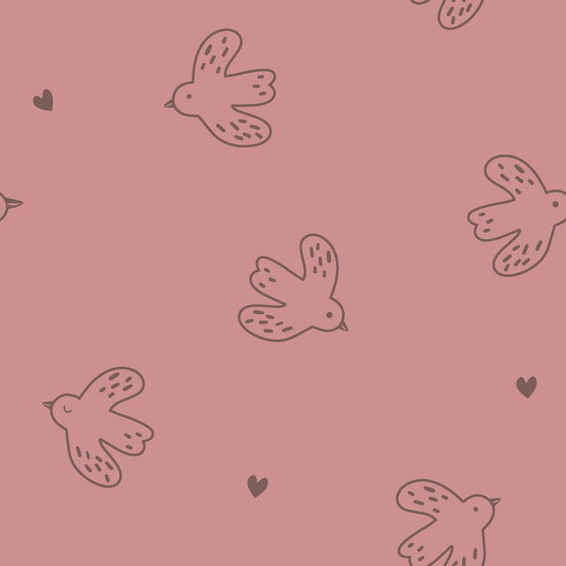 Stretch badstof stof Vogels Oud Roze