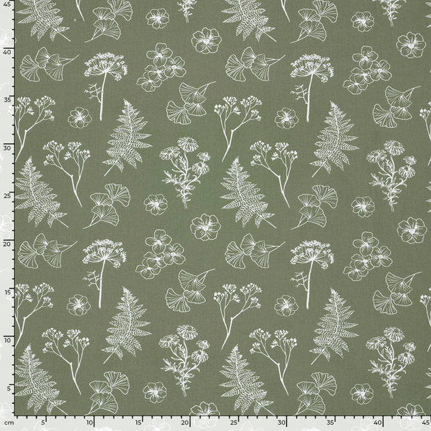 Cotton Poplin fabric Flowers Olive Green