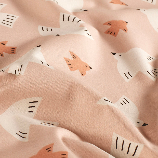 Cotton Poplin fabric Birds Old Pink