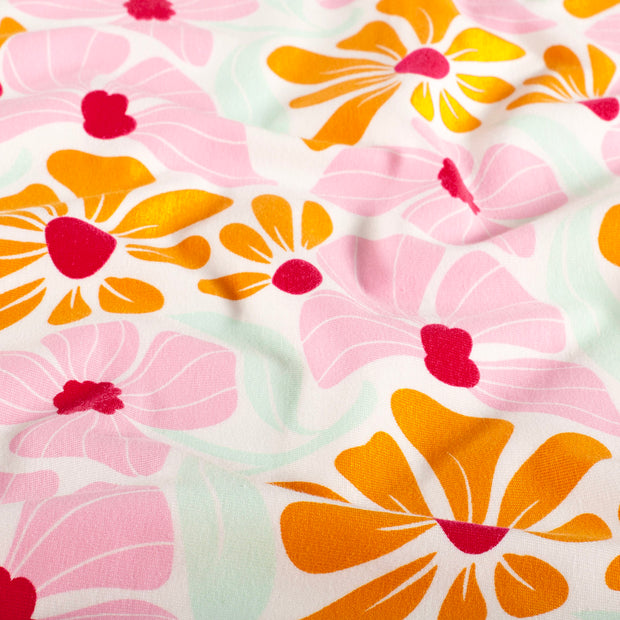 Jersey tissu fleurs Blanc cassé