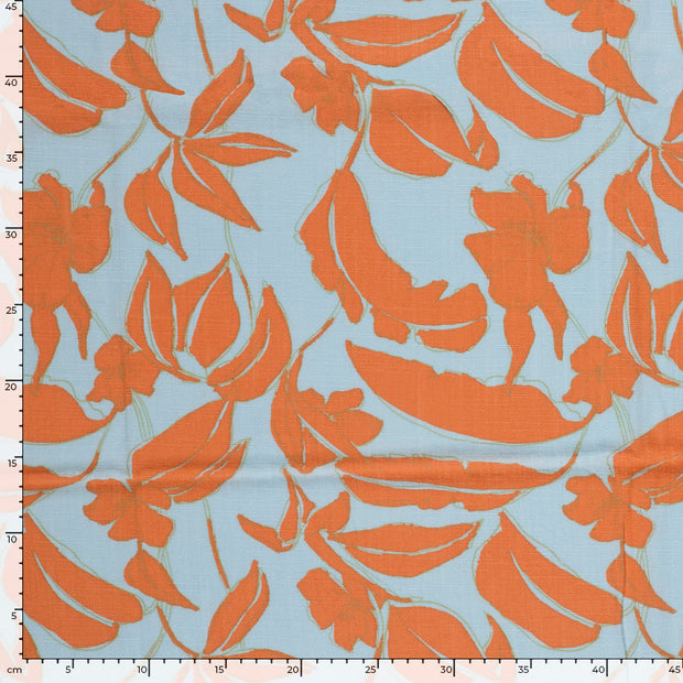 Geweven Viscose Linnen stof Bloemen Lichtblauw