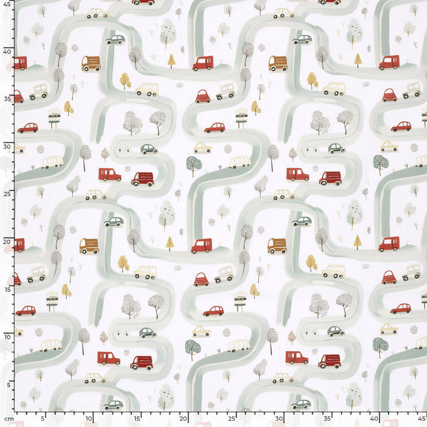 Cotton Poplin fabric Cars Off White