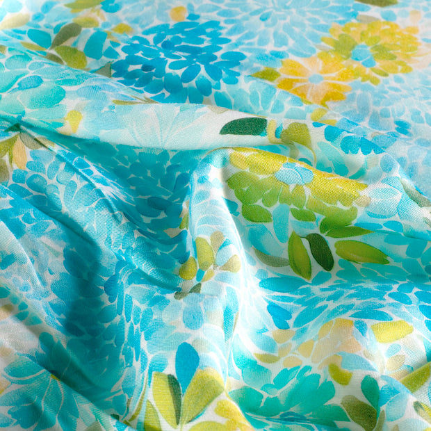 Viscose Satin fabric Flowers Aqua