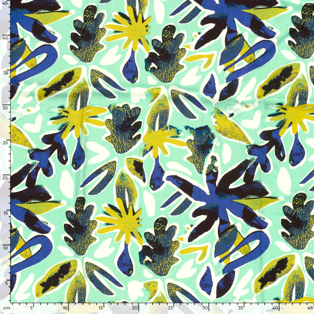 Popeline de Viscose tissu fleurs Menthe