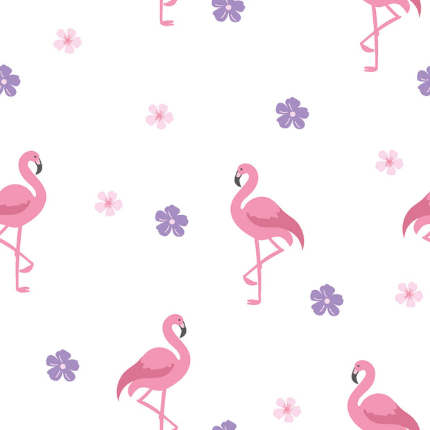 Cotton Poplin fabric Flamingos Optical White
